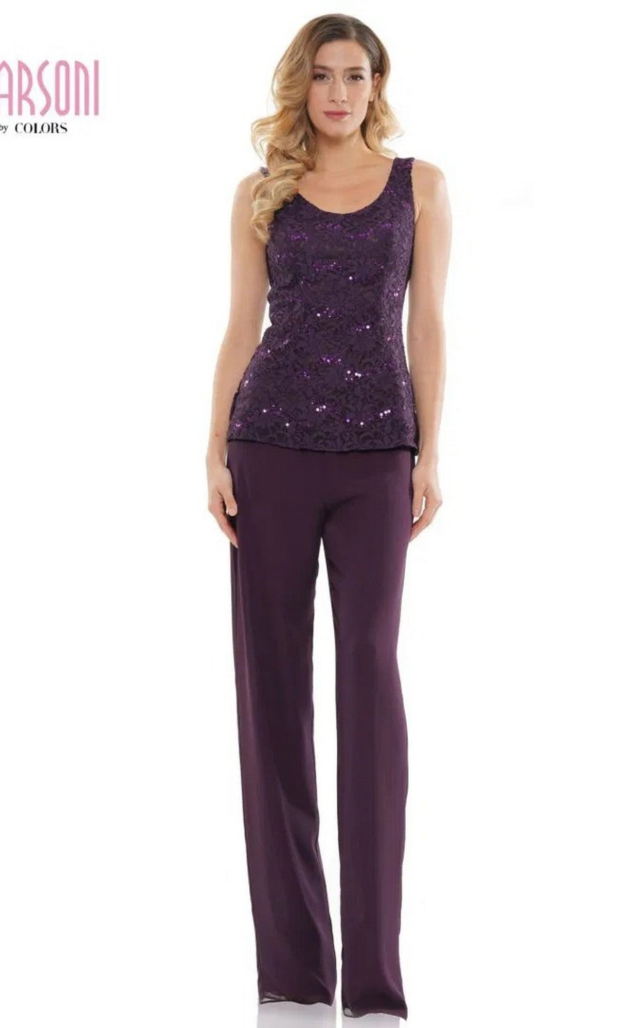 Woman wearing the Marsoni M305 Long Formal Pantsuit featuring a sleeveless, sequined purple top and matching chiffon pants, standing against a plain white background.